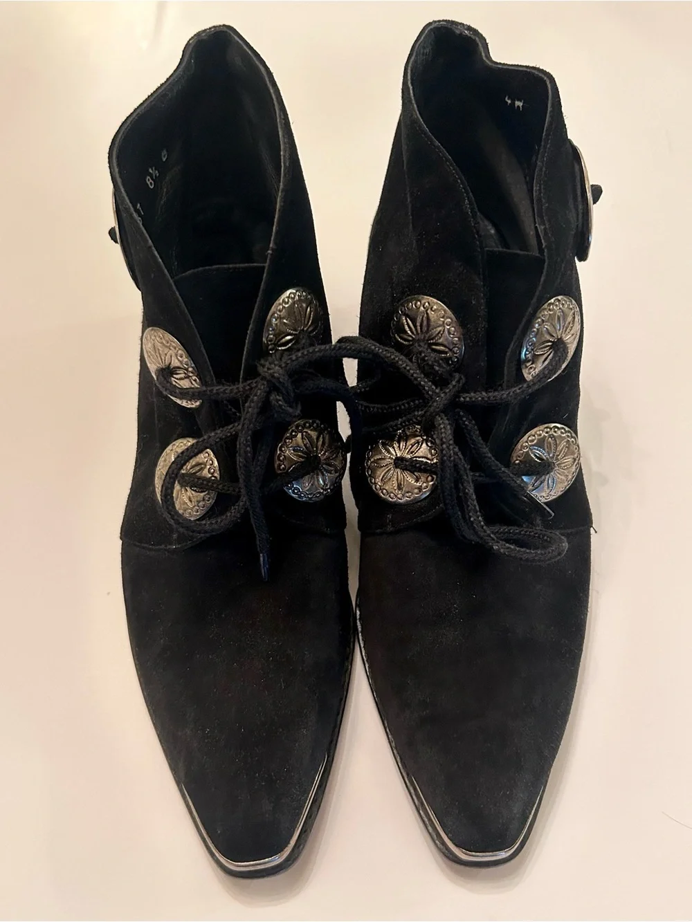Stuart Weitzman Women’s Black Suede Pointed Lace-Up Ankle Boots with Conchos